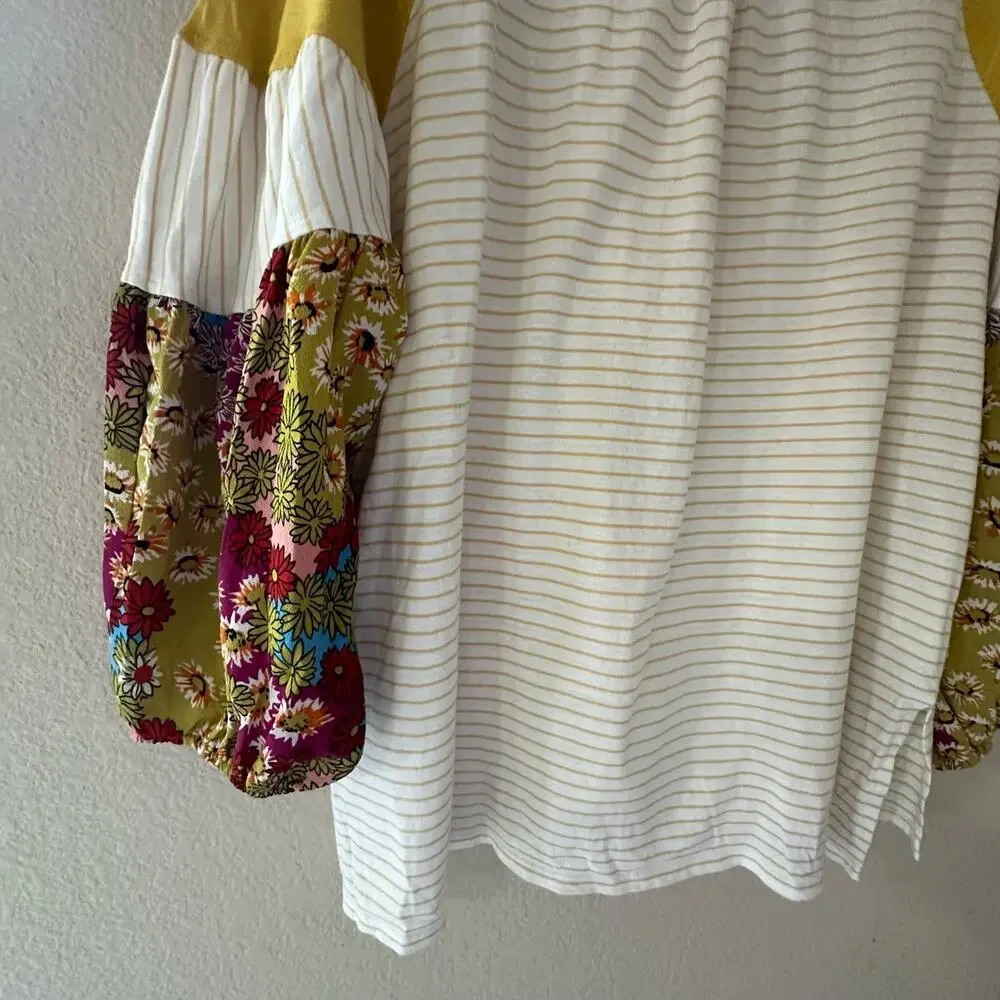 Umgee | Size L Yellow Striped Floral Sleeve Shirt Bubble Sleeve Boho Vintage